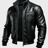 Kamil - Ciepła czarna kurtka skórzana z podszewką sherpa