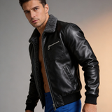 Kamil - Ciepła czarna kurtka skórzana z podszewką sherpa