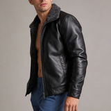 Kamil - Ciepła czarna kurtka skórzana z podszewką sherpa